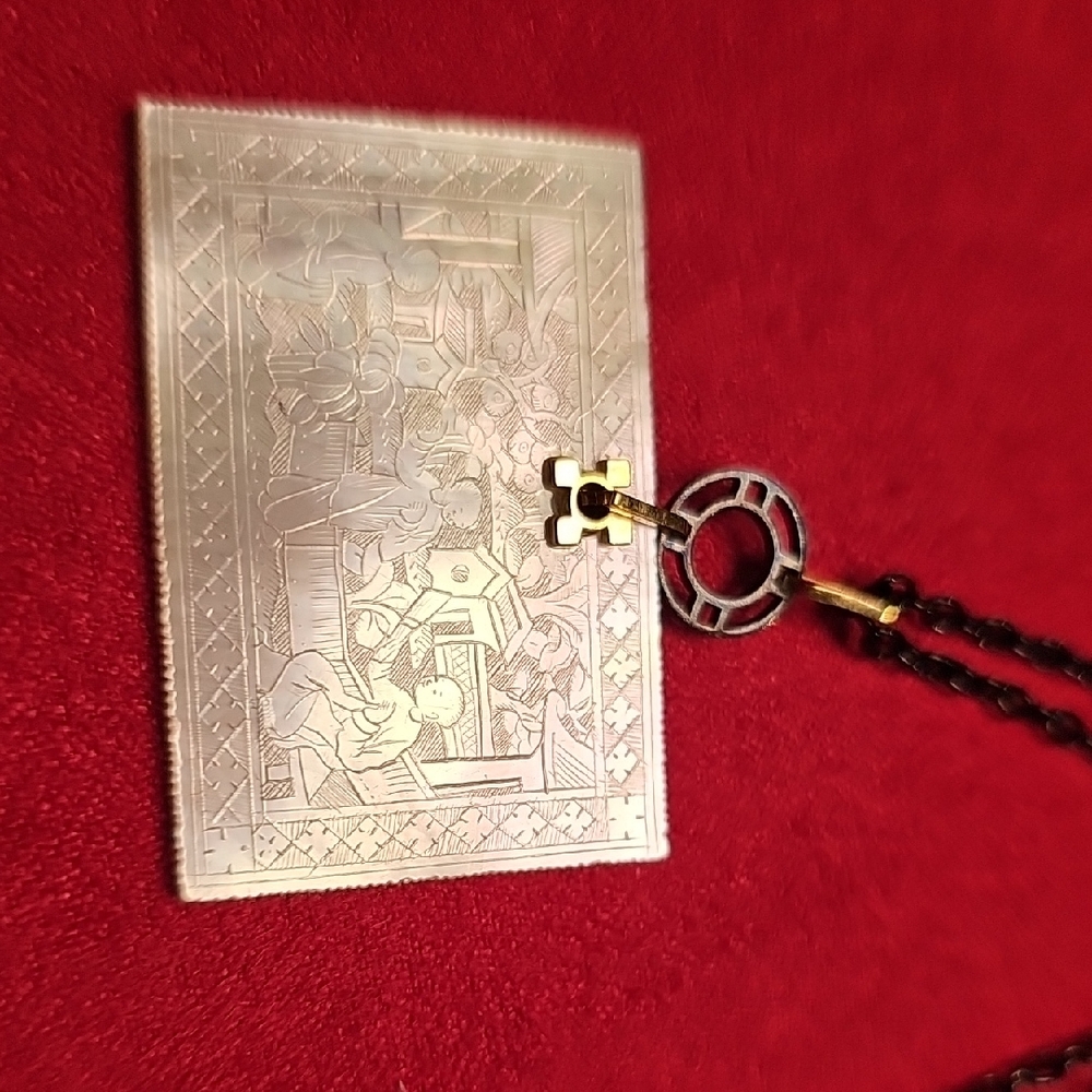 Andrew Sarosi (?) Blackened Steel Antique MOP Gambling Chip Necklace